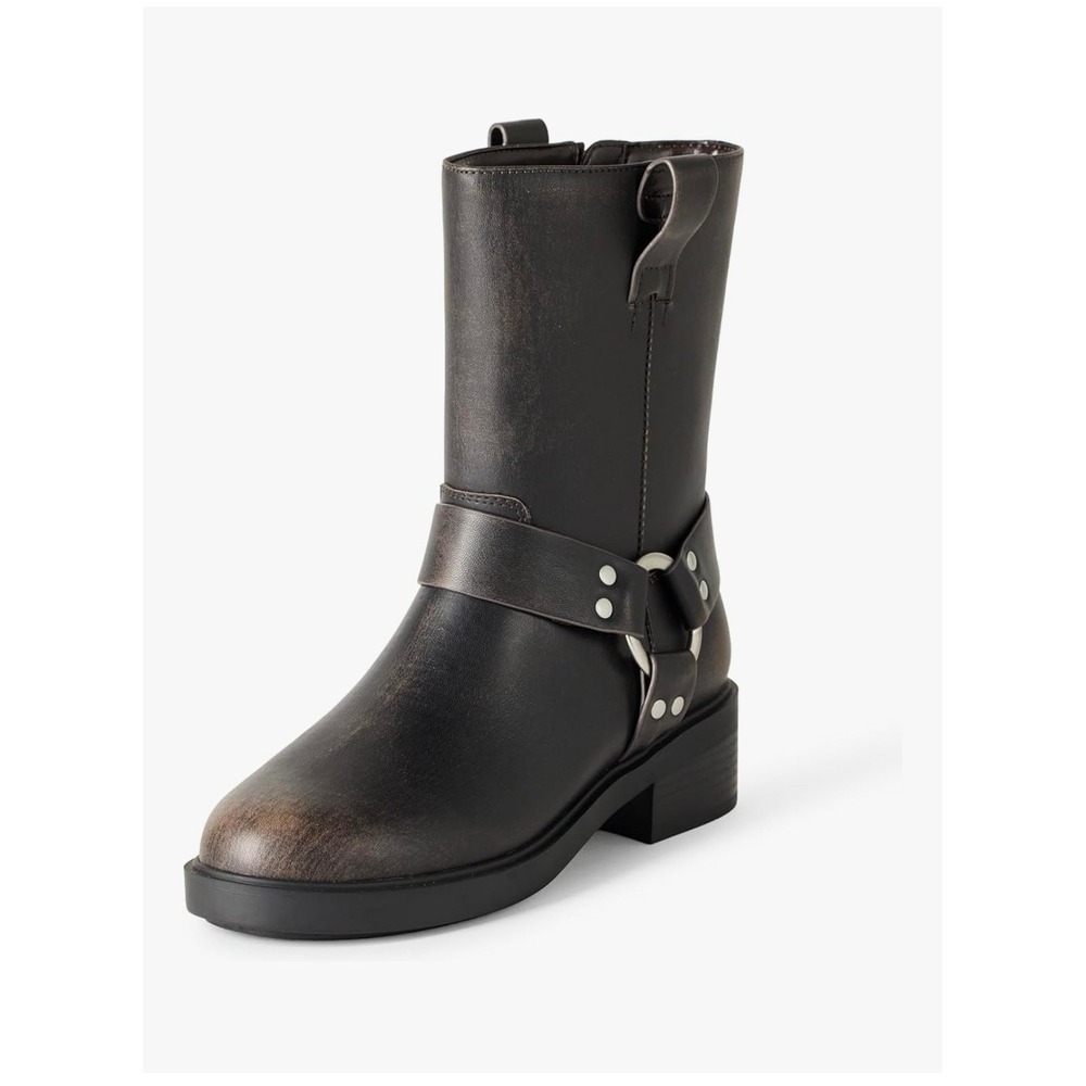 The Drop Lilith Women's Moto Biker‎ Boots Short Buckle Distressed Black